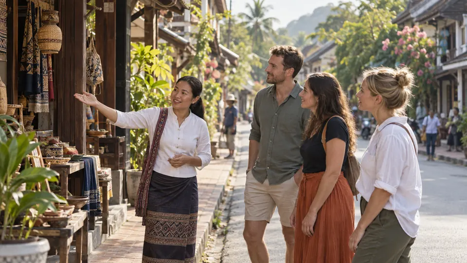 A local guide introduces three visitors to crafts in a warm Laos streetscape, illustrating a transparent small-group tourism service.