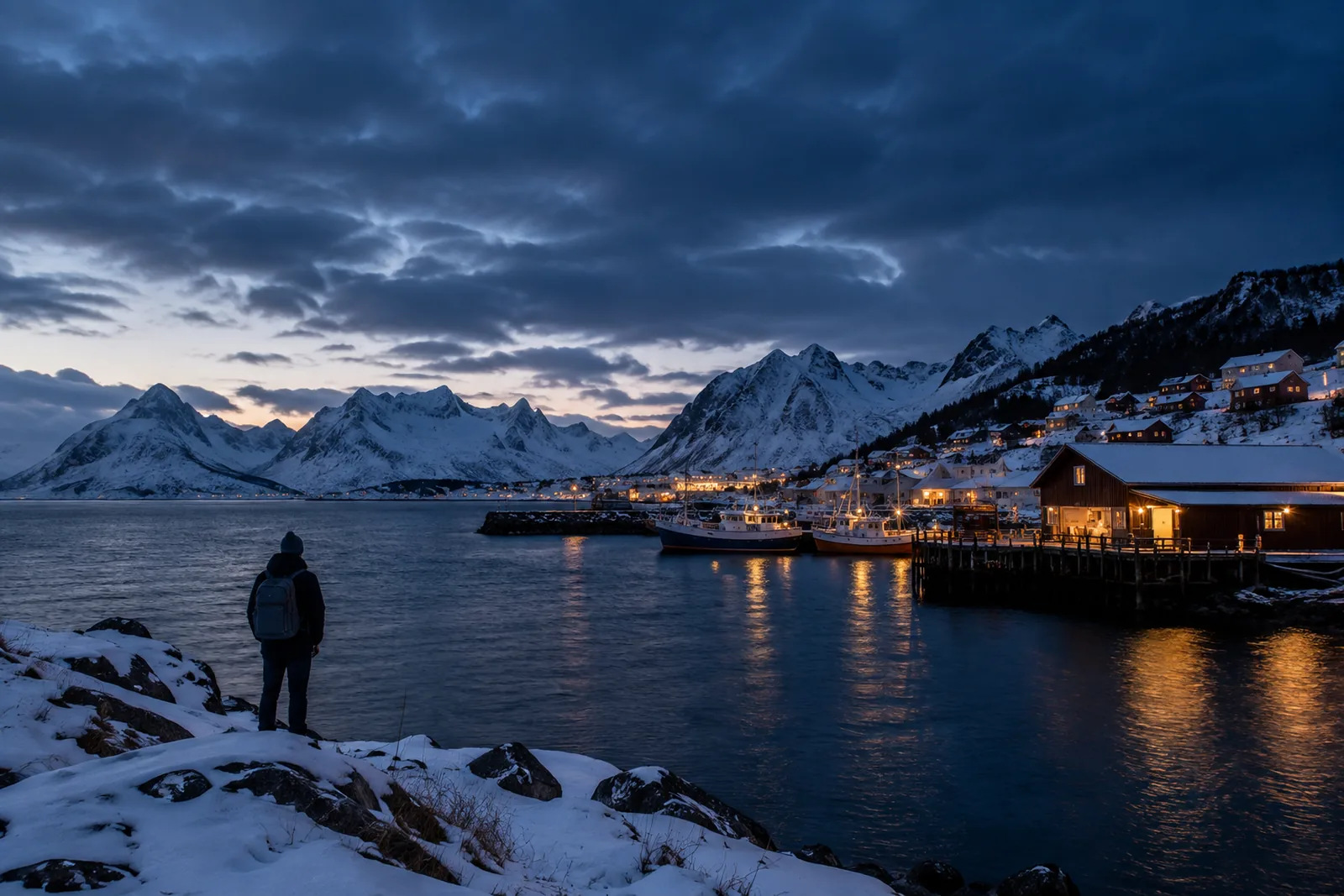 A traveler looking across a snowy Arctic harbor under a cloudy blue-hour sky