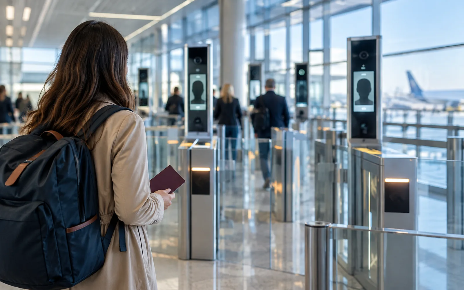 A traveler approaching biometric passport gates in a bright airport terminal