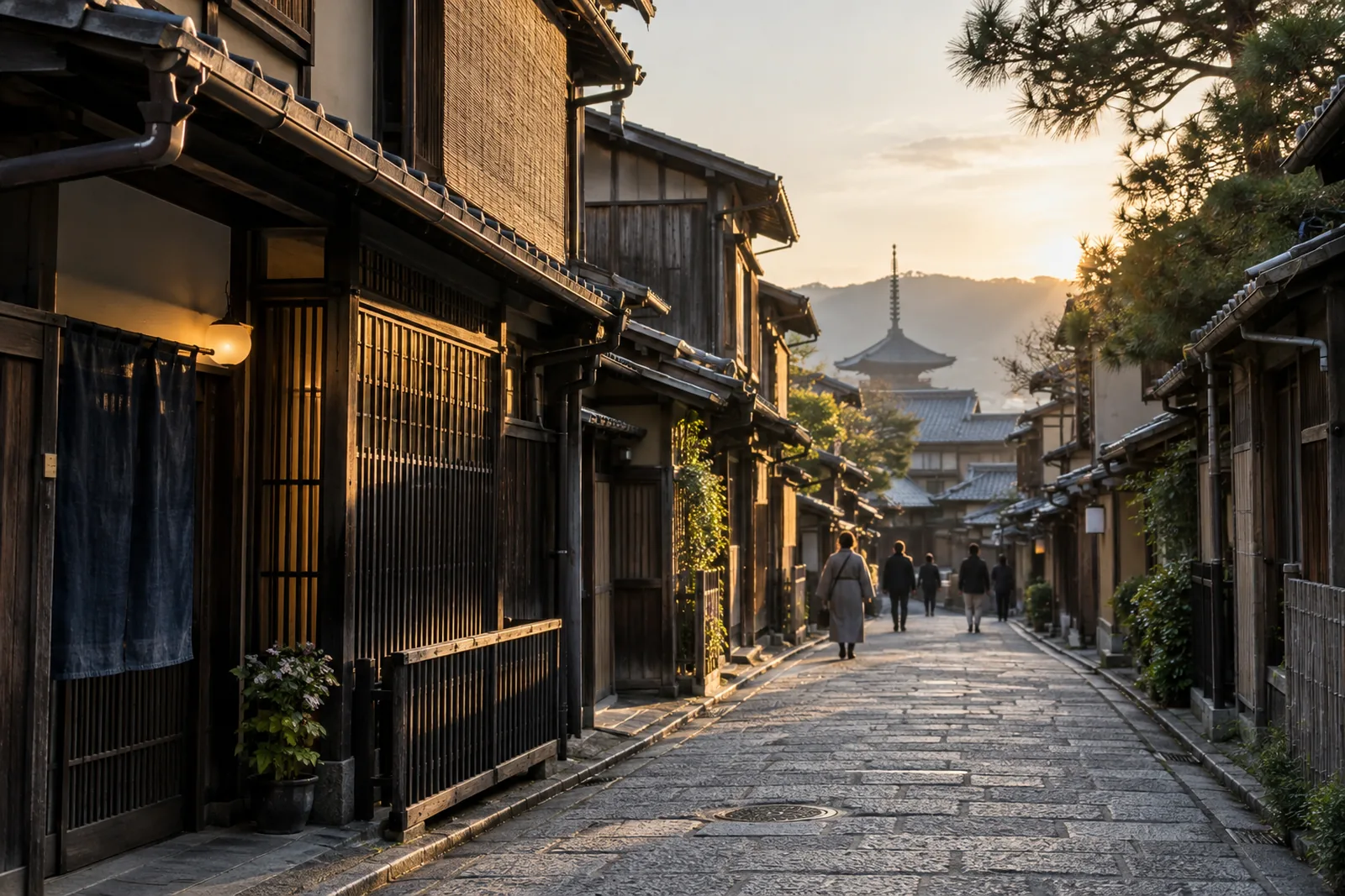 A quiet traditional Kyoto street in warm early-morning light