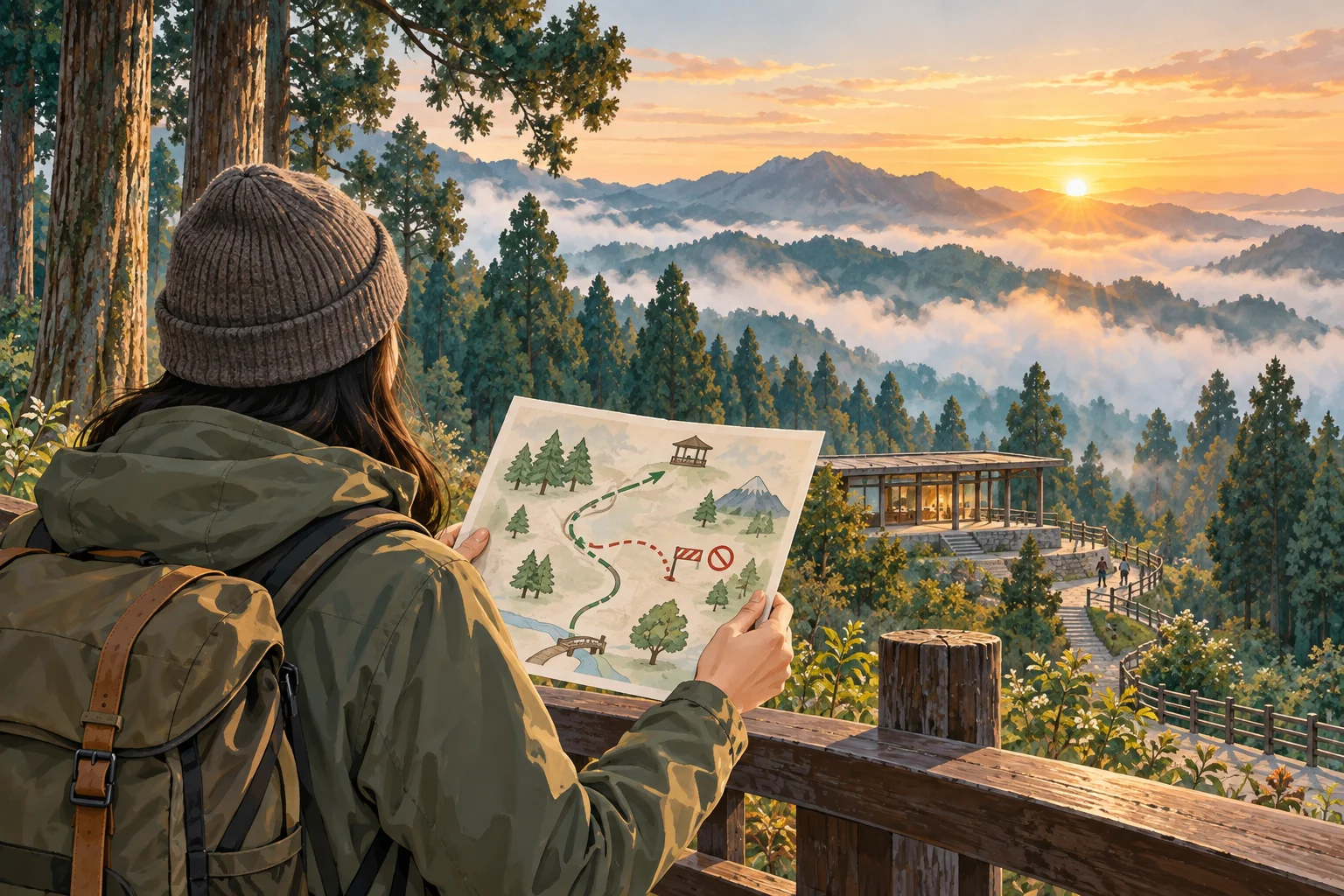 AI-generated conceptual illustration of an anonymous traveller reviewing an Alishan access card beside a misty forest at dawn.