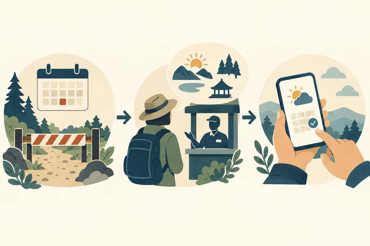 AI-generated conceptual illustration of a calendar and closed trail barrier, a checkpoint conversation, and a phone displaying a weather symbol.