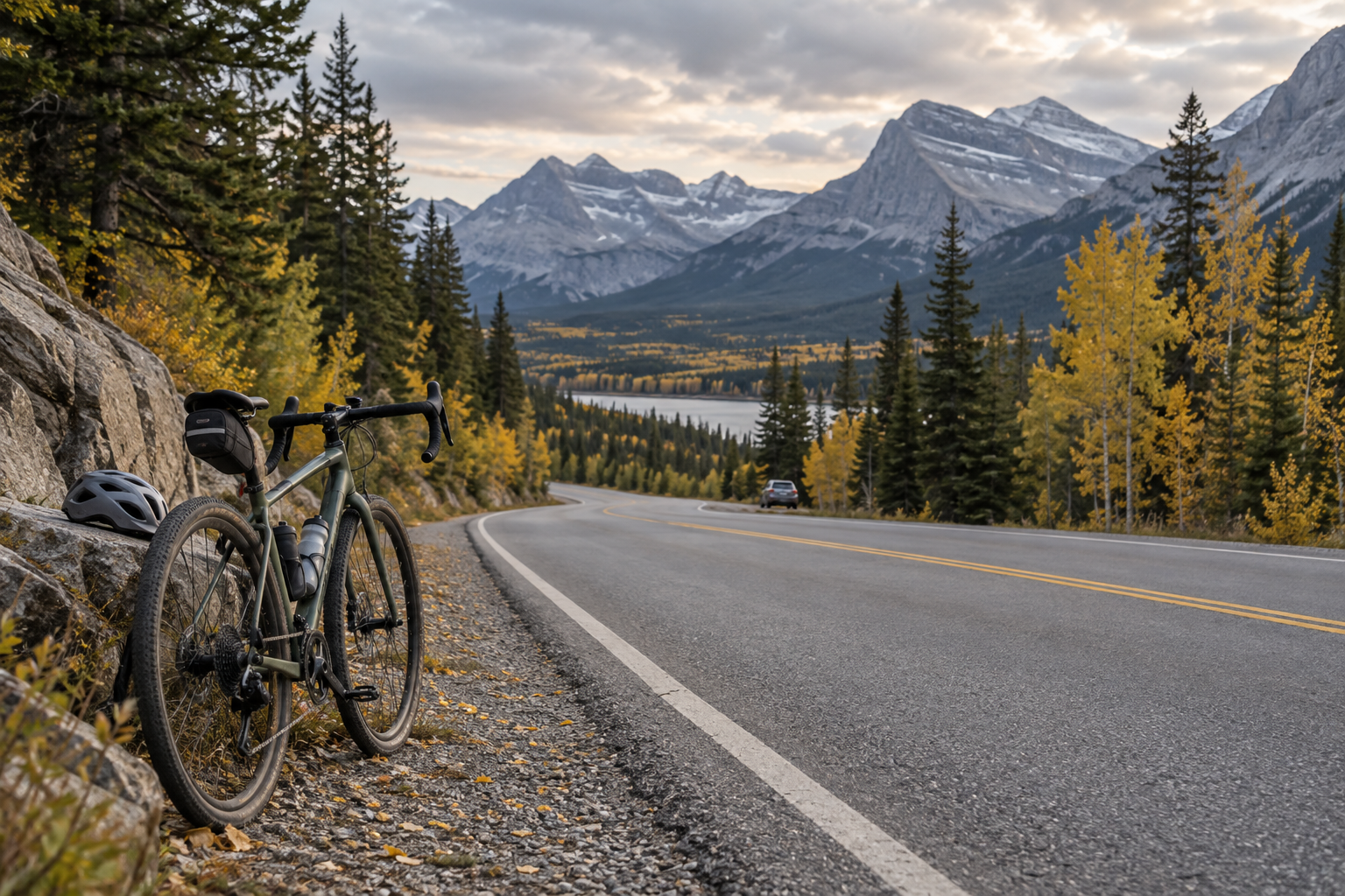 Bicycle beside a mountain road with autumn trees and distant Canadian Rockies.