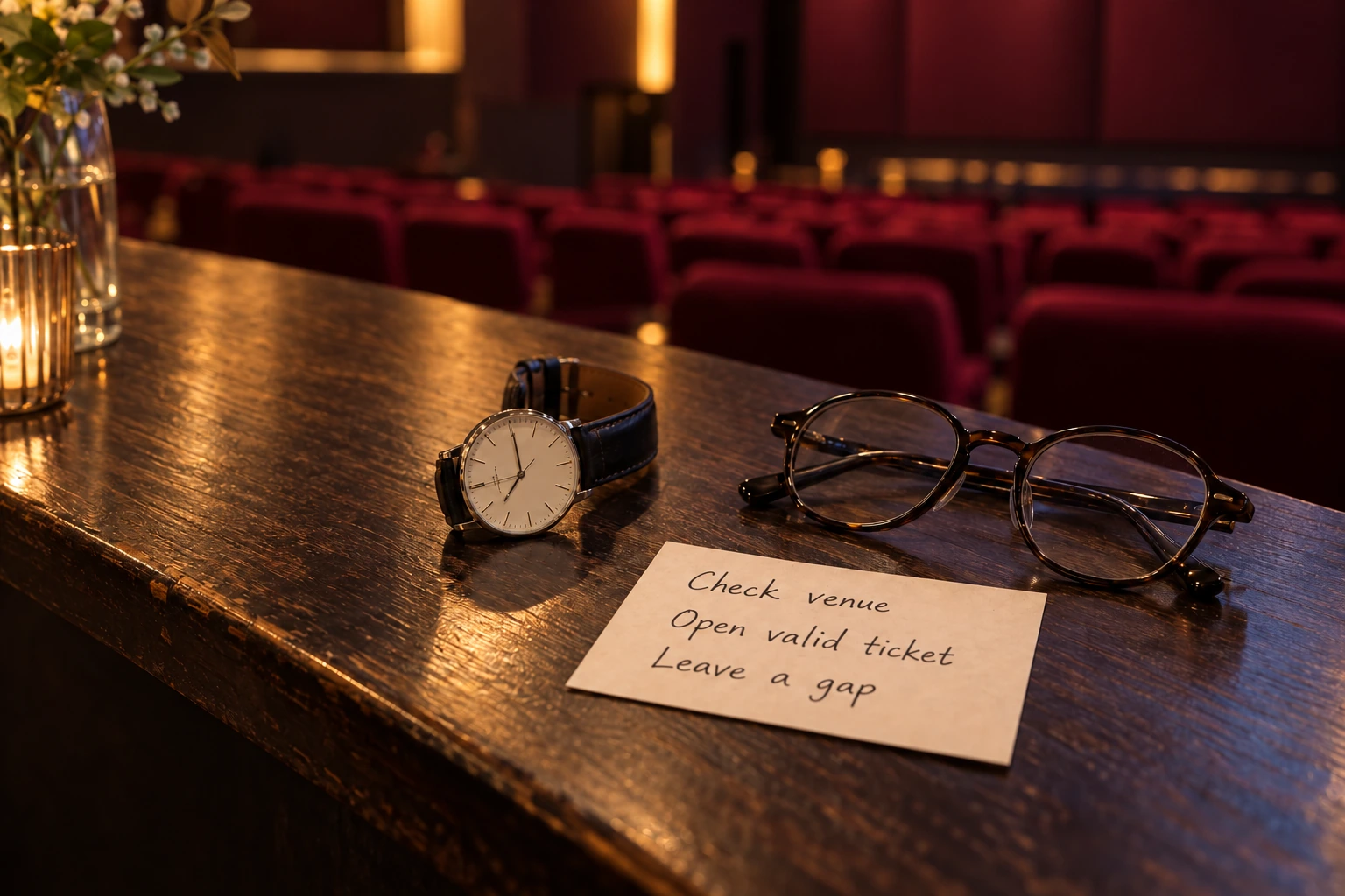 Watch, glasses and a personal reminder card on a cinema-cafe ledge, with burgundy seating behind.