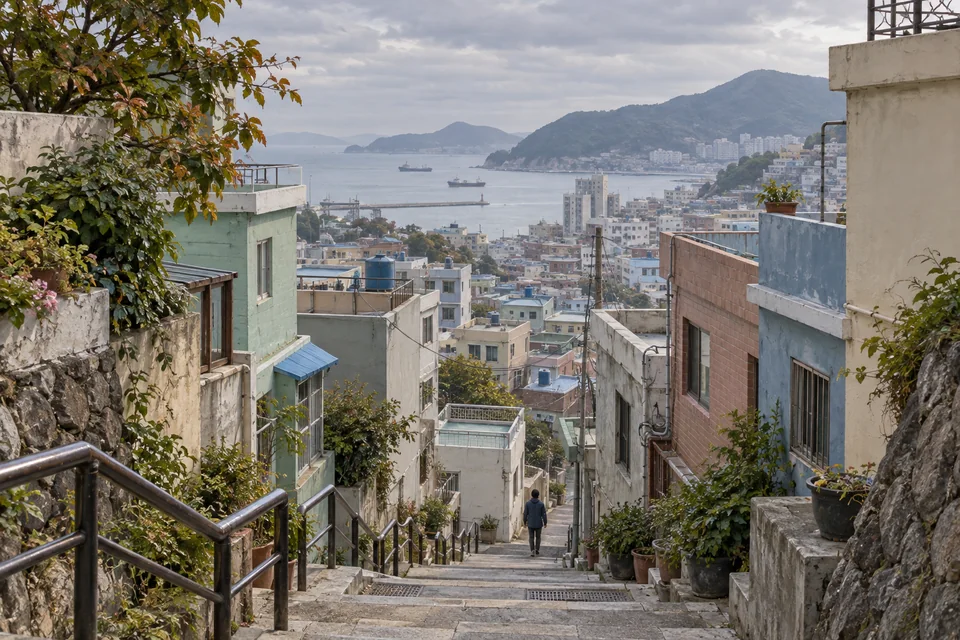 AI-generated illustration of a stepped Busan hillside lane overlooking homes and the sea under cloudy autumn light.