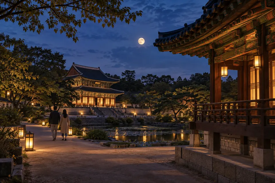 Illustrative Changdeokgung palace gateway in evening light.