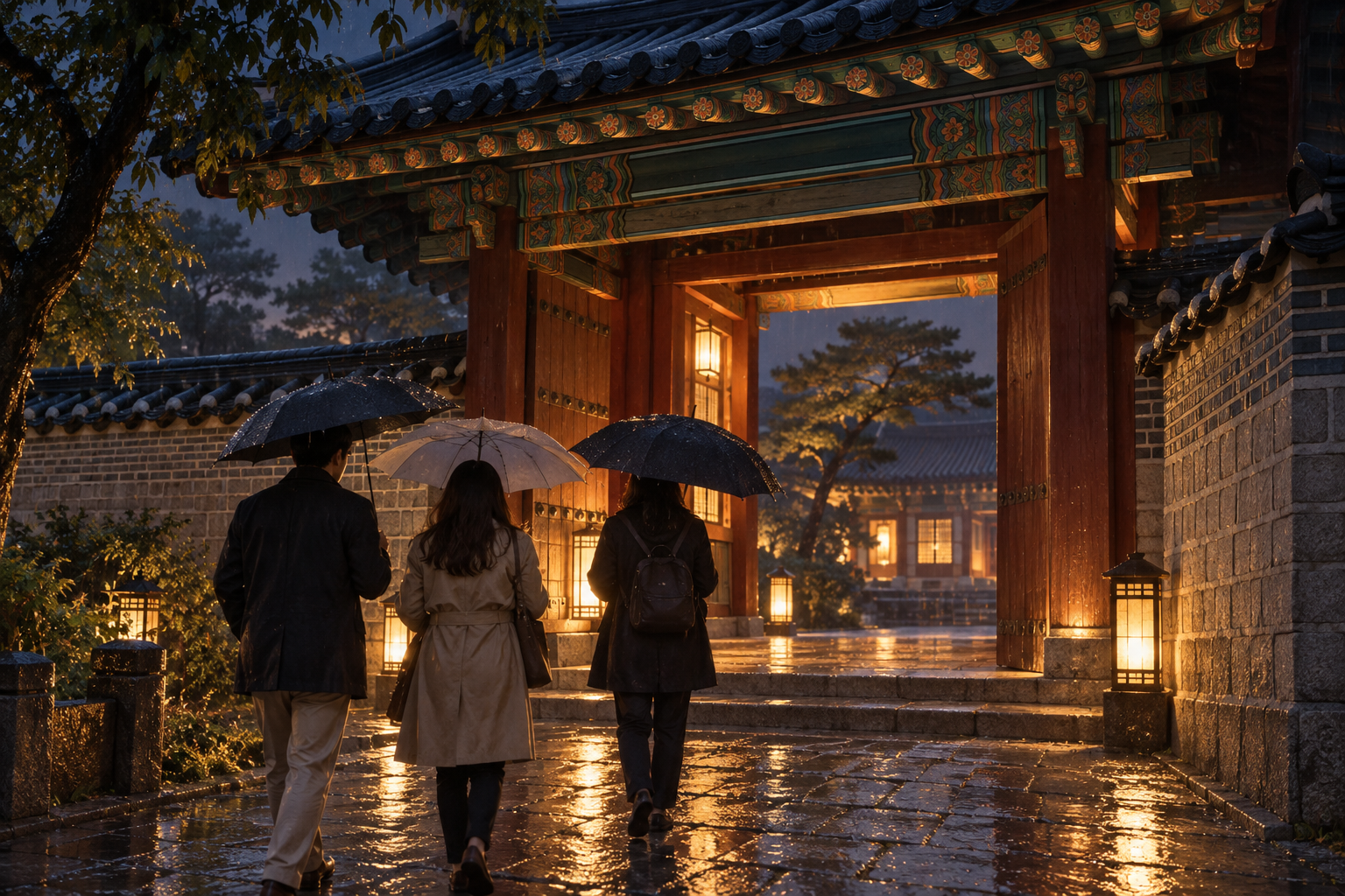 Illustrative view of a quiet Changdeokgung palace gateway in evening rain, with three visitors carrying umbrellas.