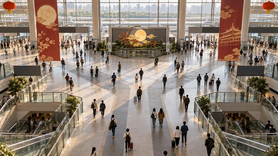 Illustrative high-angle view of travelers moving through a Chinese railway concourse during a holiday period.