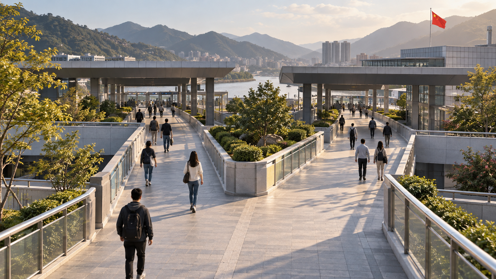 Illustrative pedestrian routes approaching a border area, with travelers taking separate paths.