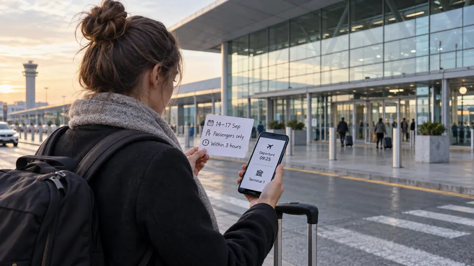 Traveller checking temporary terminal-access guidance before a September departure from Chisinau airport.