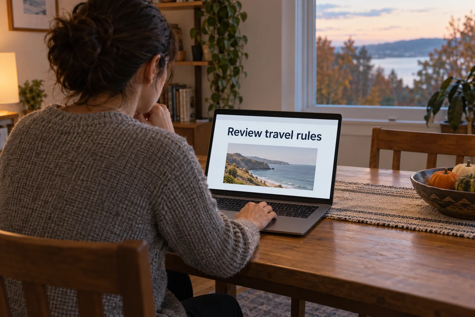 An anonymous adult reviewing a laptop at a home dining table, with the screen reading Review travel rules.