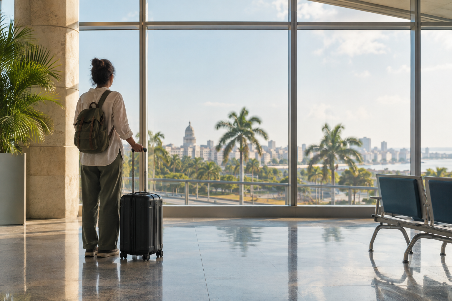 Traveller with carry-on luggage looking through airport windows toward Havana
