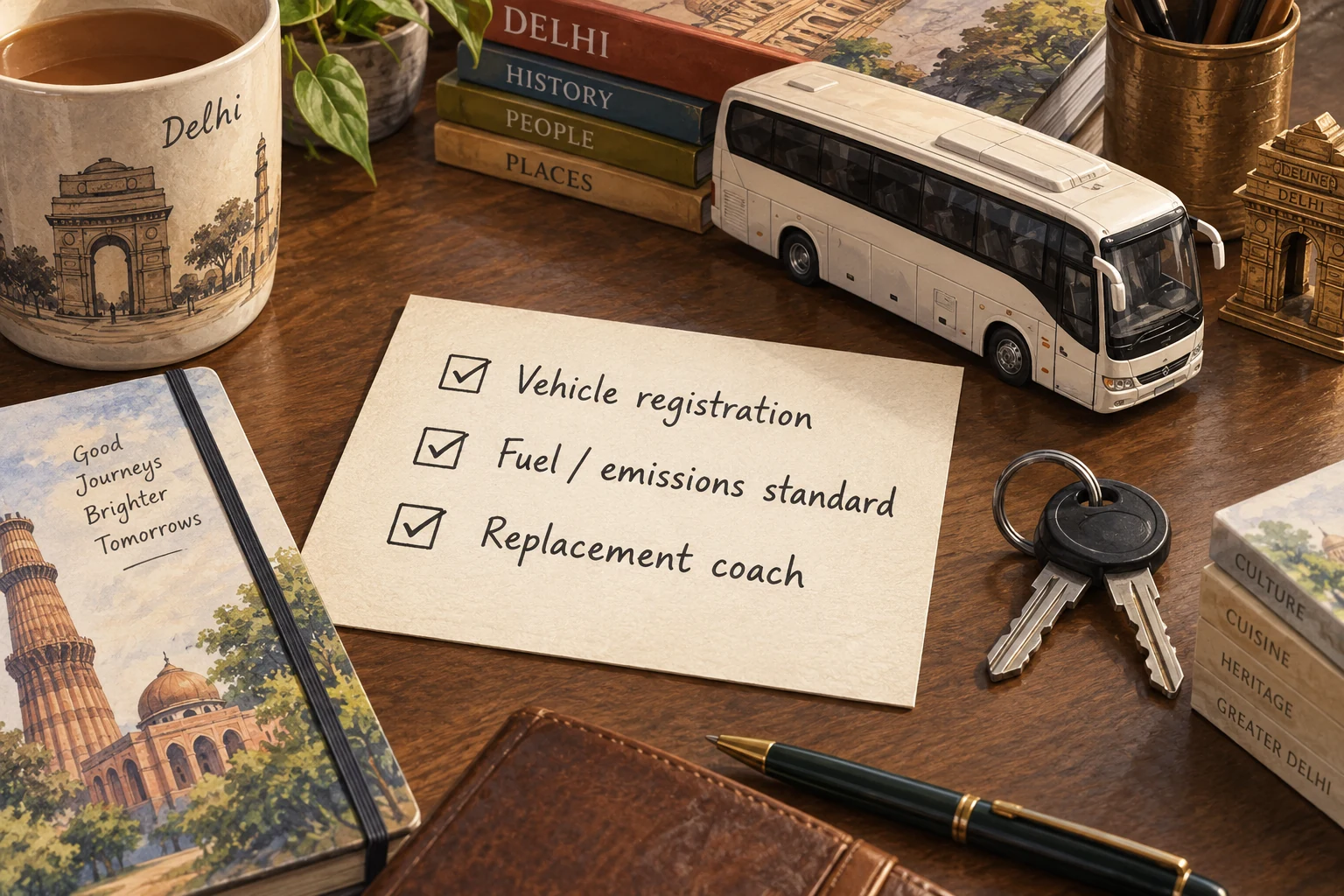 AI-generated illustration of a sample coach checklist; its checkmarks do not verify a real vehicle.