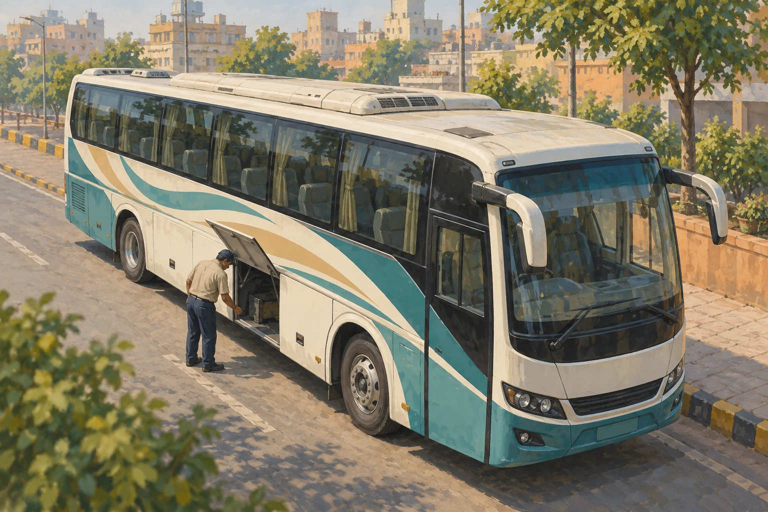 AI-generated illustration of an unbranded tourist coach with an operator beside it in a fictional North Indian street.