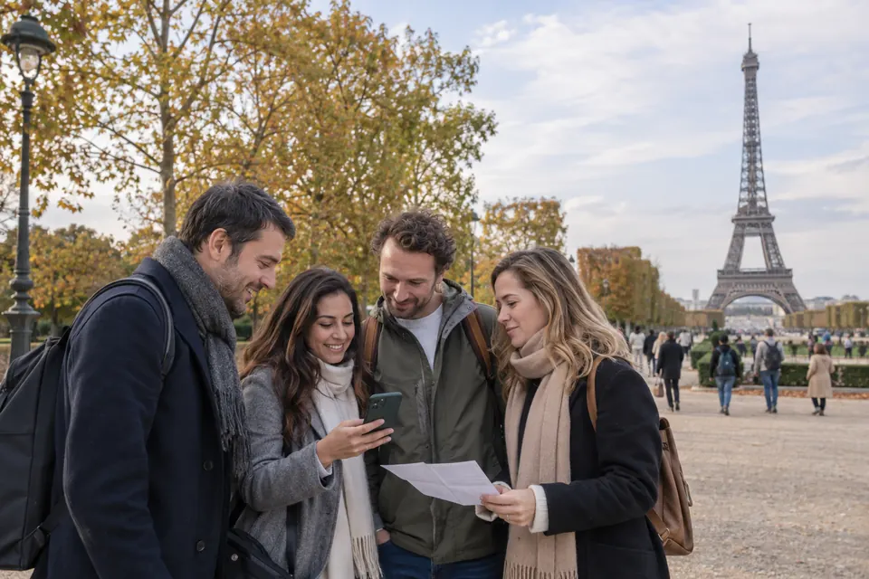 Travellers checking a time-slotted Eiffel Tower group booking near the monument