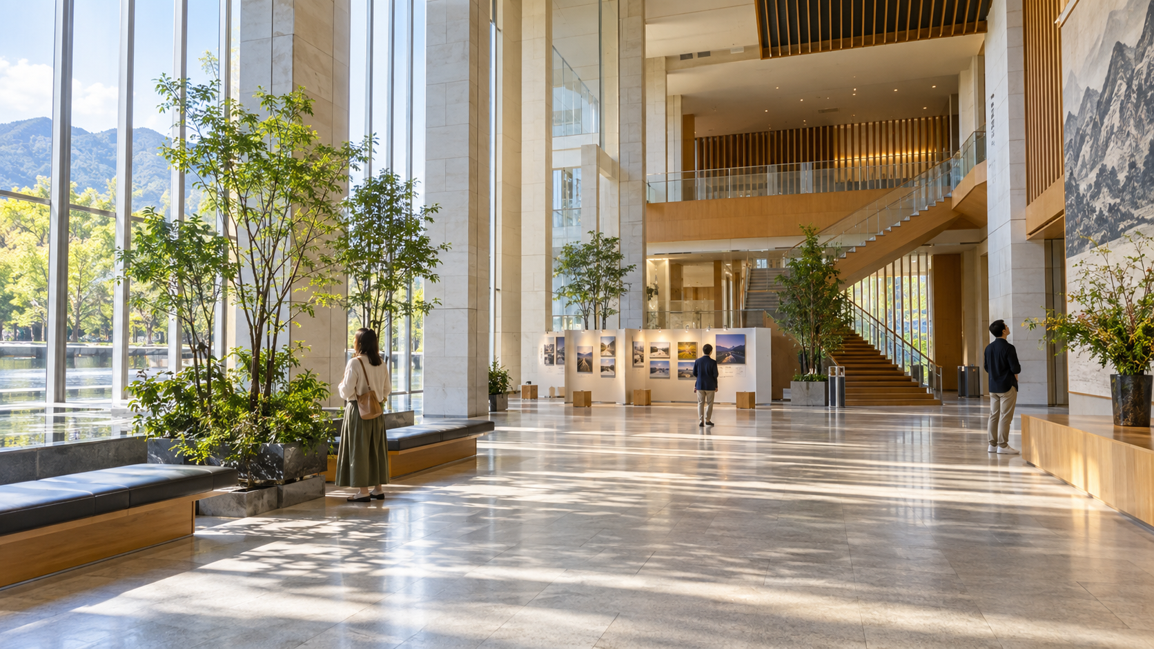 Wide sunlit modern Japanese civic foyer with three visitors looking at architecture and a small exhibition area.