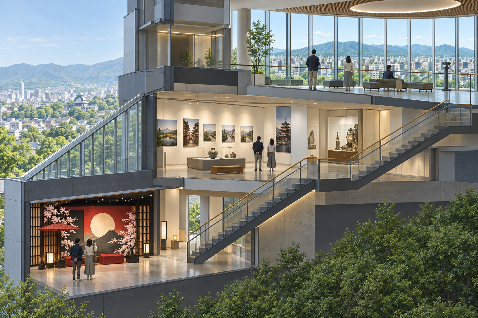 Cutaway illustration showing a ground-floor photo area, a gallery and a high-floor observation lobby inside a generic Japanese civic building.