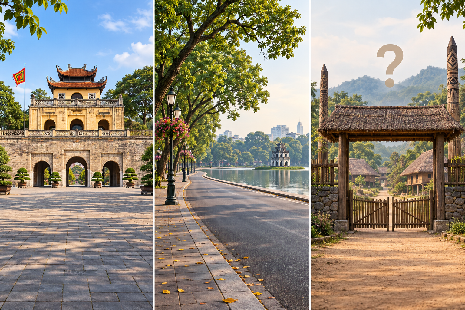 Illustrative comparison of Thang Long Imperial Citadel, a Hoan Kiem lakeside street and a village venue with an access question.