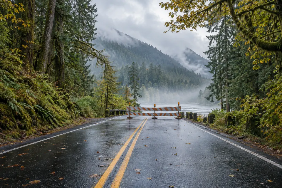 Illustrative wet two-lane road through Olympic Peninsula rainforest ending at a temporary closure barrier near a misty river.