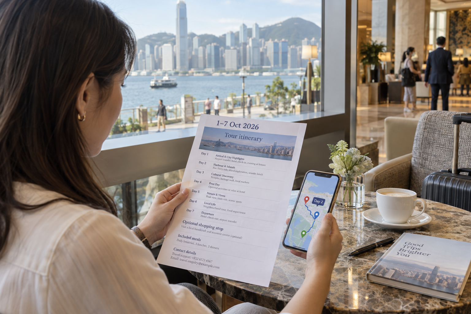 Traveller checking a detailed Hong Kong tour itinerary and route map beside Victoria Harbour