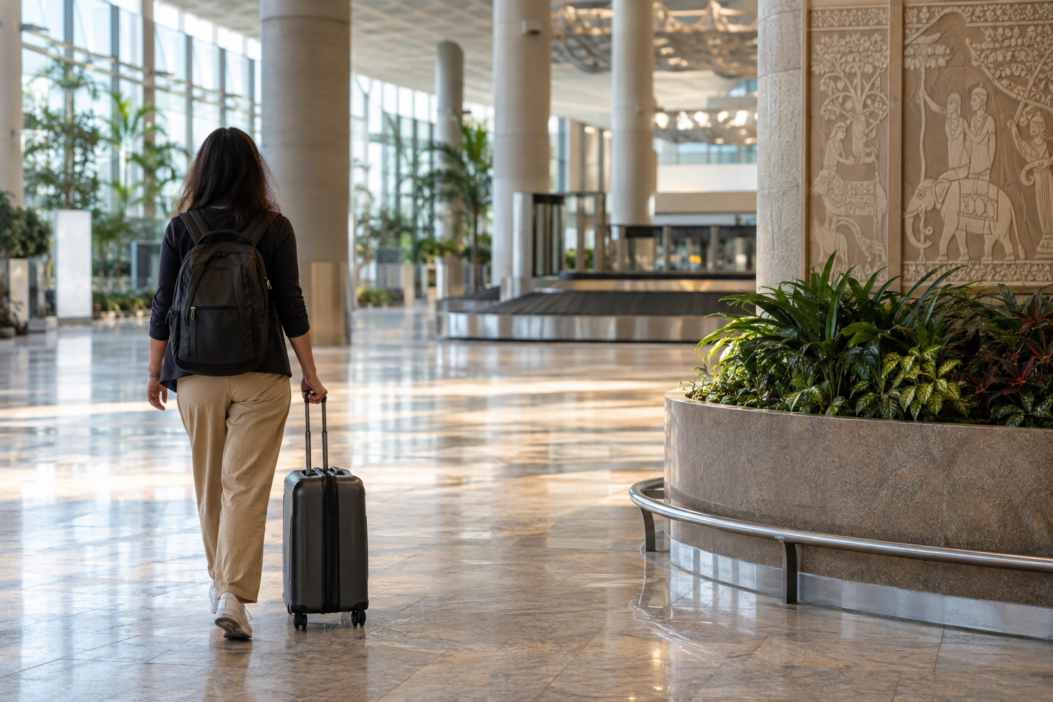 Traveller with a compact suitcase walking through a calm, generic Indian airport arrivals hall.