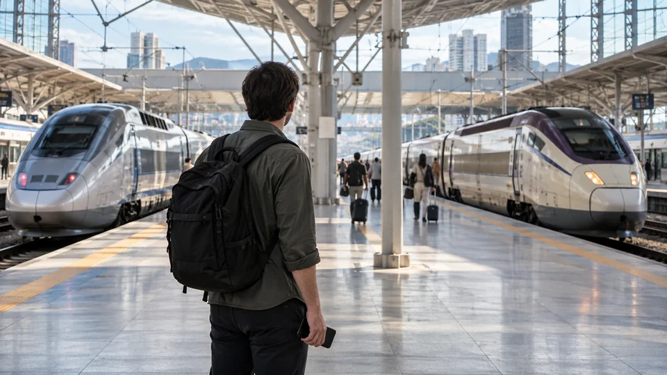 Illustrated traveler between two high-speed trains at a generic station.