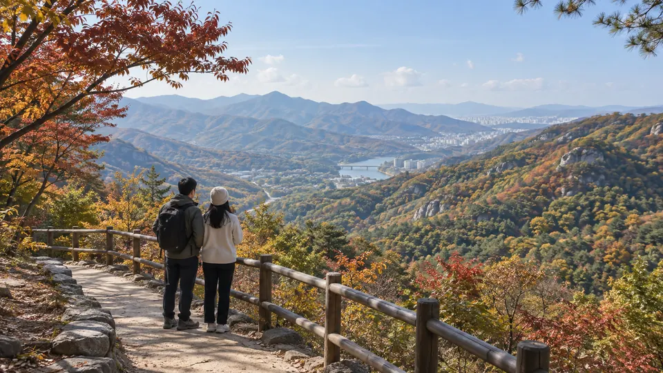 Two travelers at a mountain overlook viewing a broad South Korean valley with mixed green, amber and red autumn foliage.