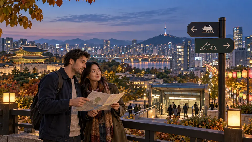 Two visitors compare a paper itinerary above Seoul at blue hour while deciding between a city stay and a regional trip.