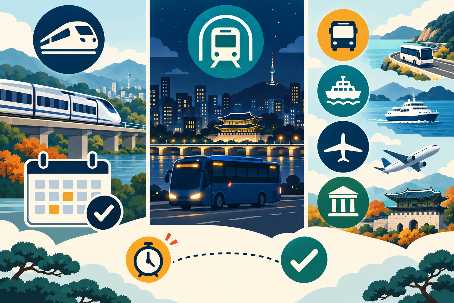 Three-part illustration separates intercity rail booking, extended Seoul transit and route-specific transport and venue checks.