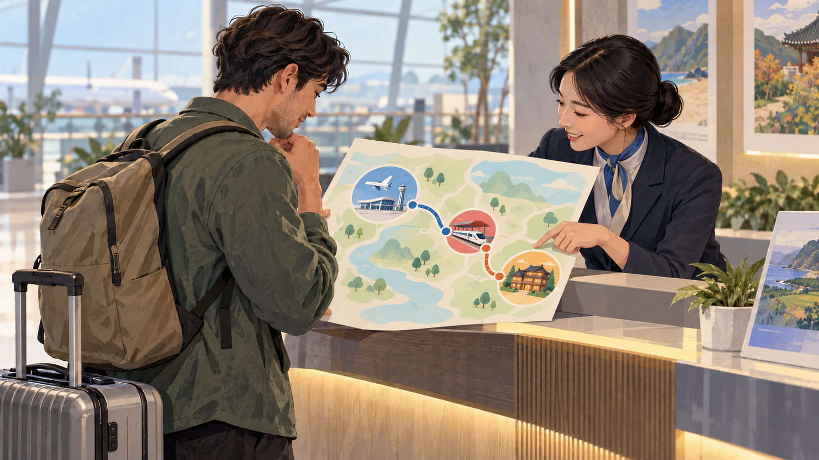 Illustrated traveler planning a South Korea arrival through a regional gateway.