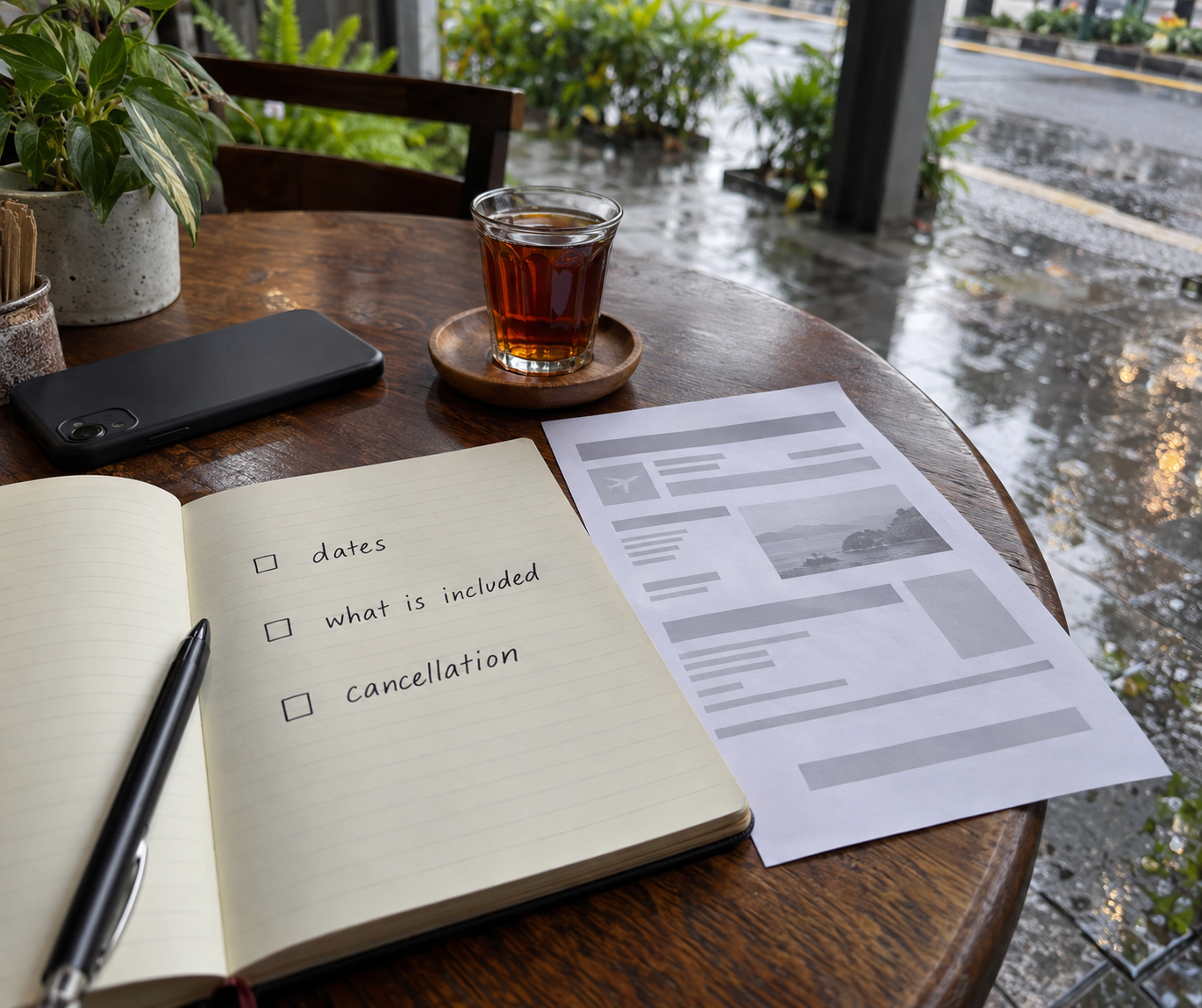Open notebook on a Kuala Lumpur cafe table after rain with a checklist reading dates, what is included and cancellation.