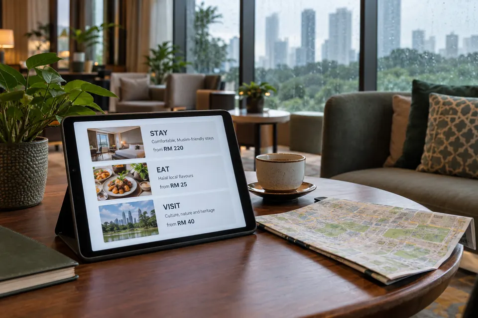 Tablet on a Kuala Lumpur hotel-lounge table shows a generic stay, eat and visit itinerary beside a city map.