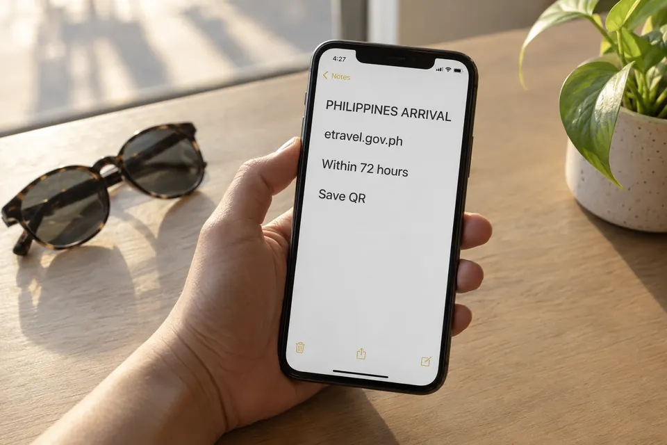 Illustrative close view of a phone note listing the official Philippines eTravel site, registration window and QR reminder.