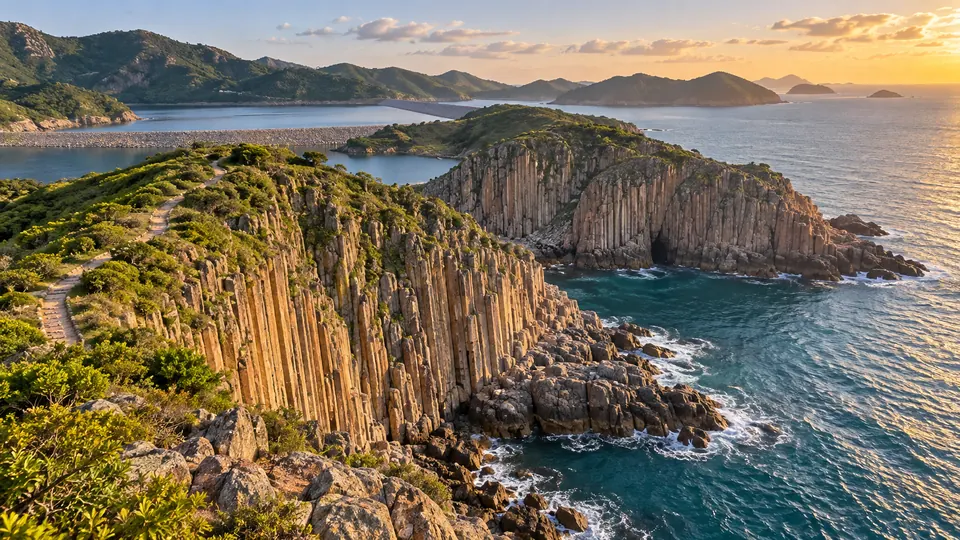 Illustrative coastal view of hexagonal rock columns and a maintained trail in the Po Pin Chau landscape.