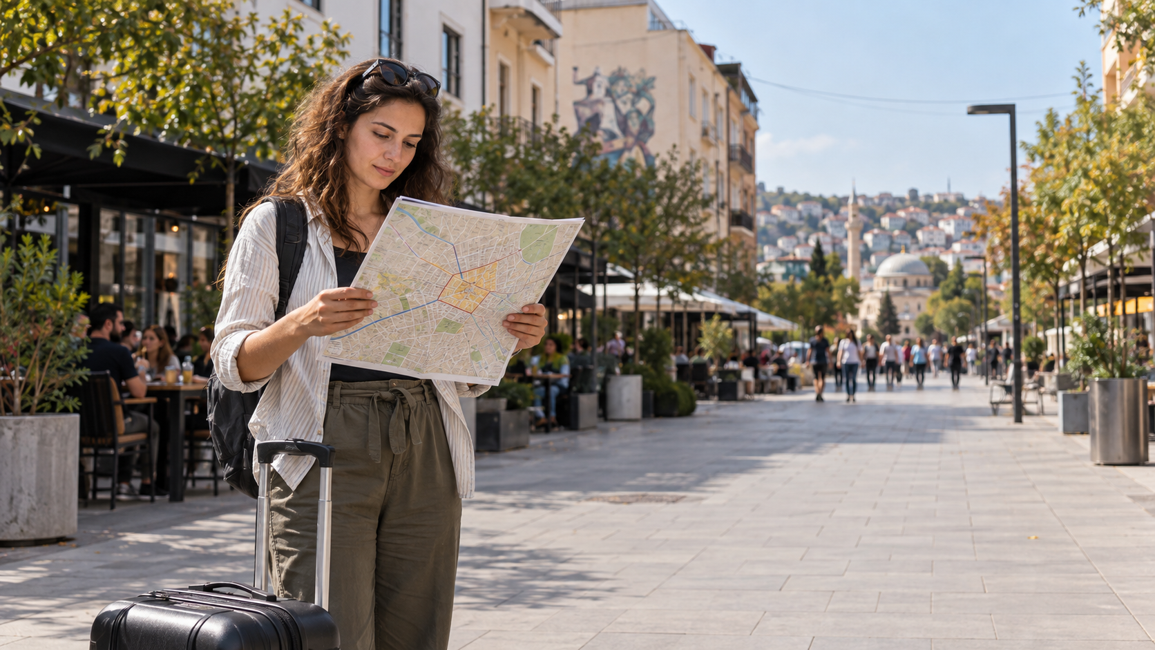 Traveller with a suitcase studying a detailed city map on a Pristina pedestrian street