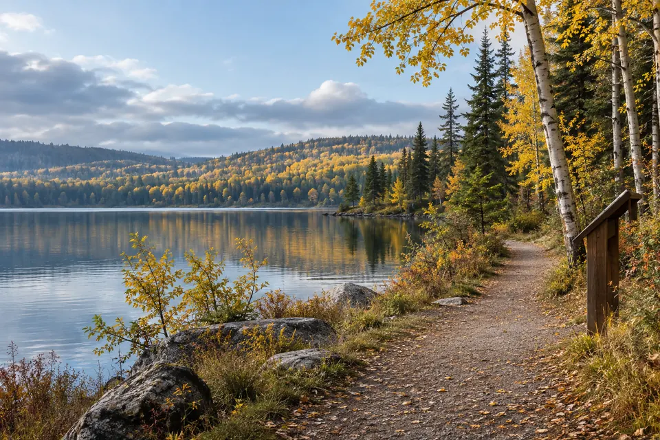 Quiet autumn path beside a lake, birch trees and mixed forest in an illustrative Canadian park landscape.
