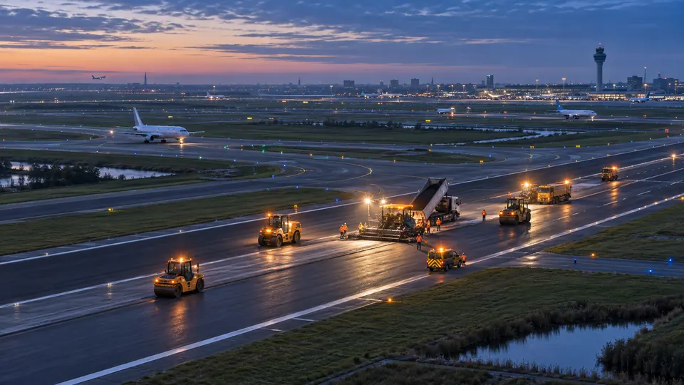 Illustrative elevated view of maintenance vehicles working on one runway while aircraft use other parts of a large airport at blue hour.