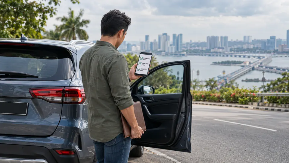 A driver checks Singapore fine and Vehicle Entry Permit requirements before a cross-border trip.