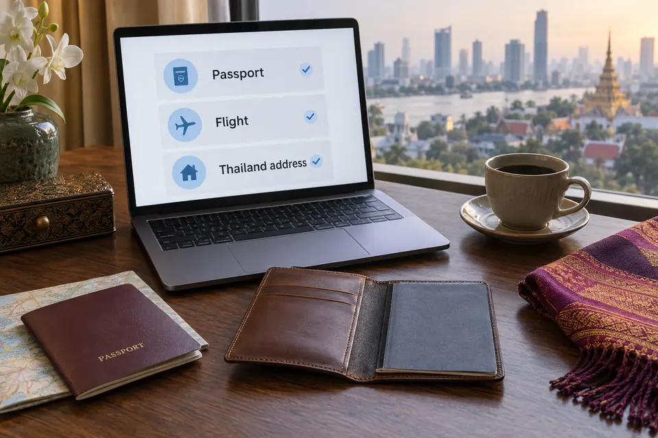 Travel-preparation desk with a laptop showing a checklist for passport, flight and Thailand address.