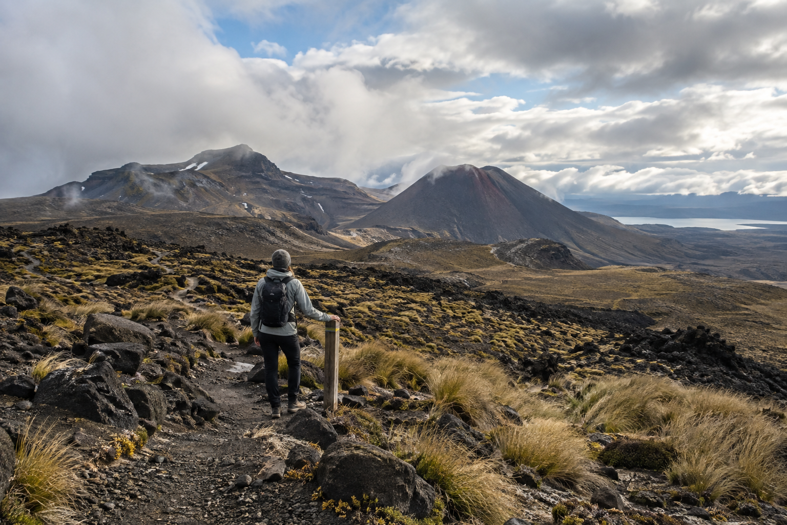 Lone hiker pausing beside an unlabelled route marker on a volcanic alpine trail under changing cloud.