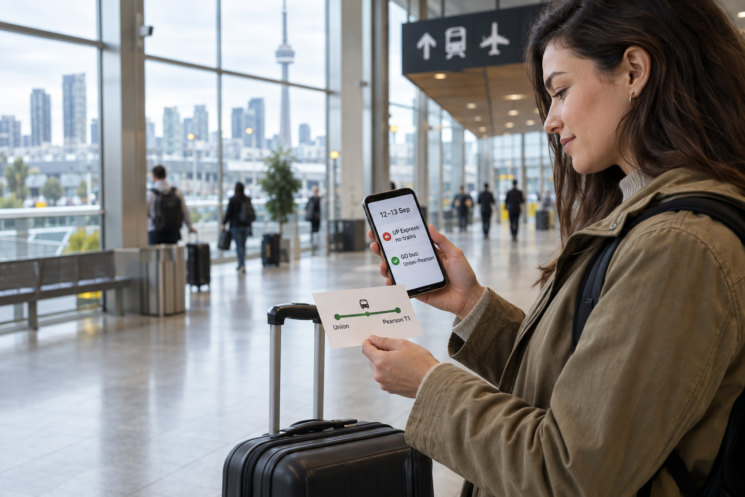 Traveller checking a GO bus replacement plan for a Toronto Pearson airport transfer during a UP Express closure.