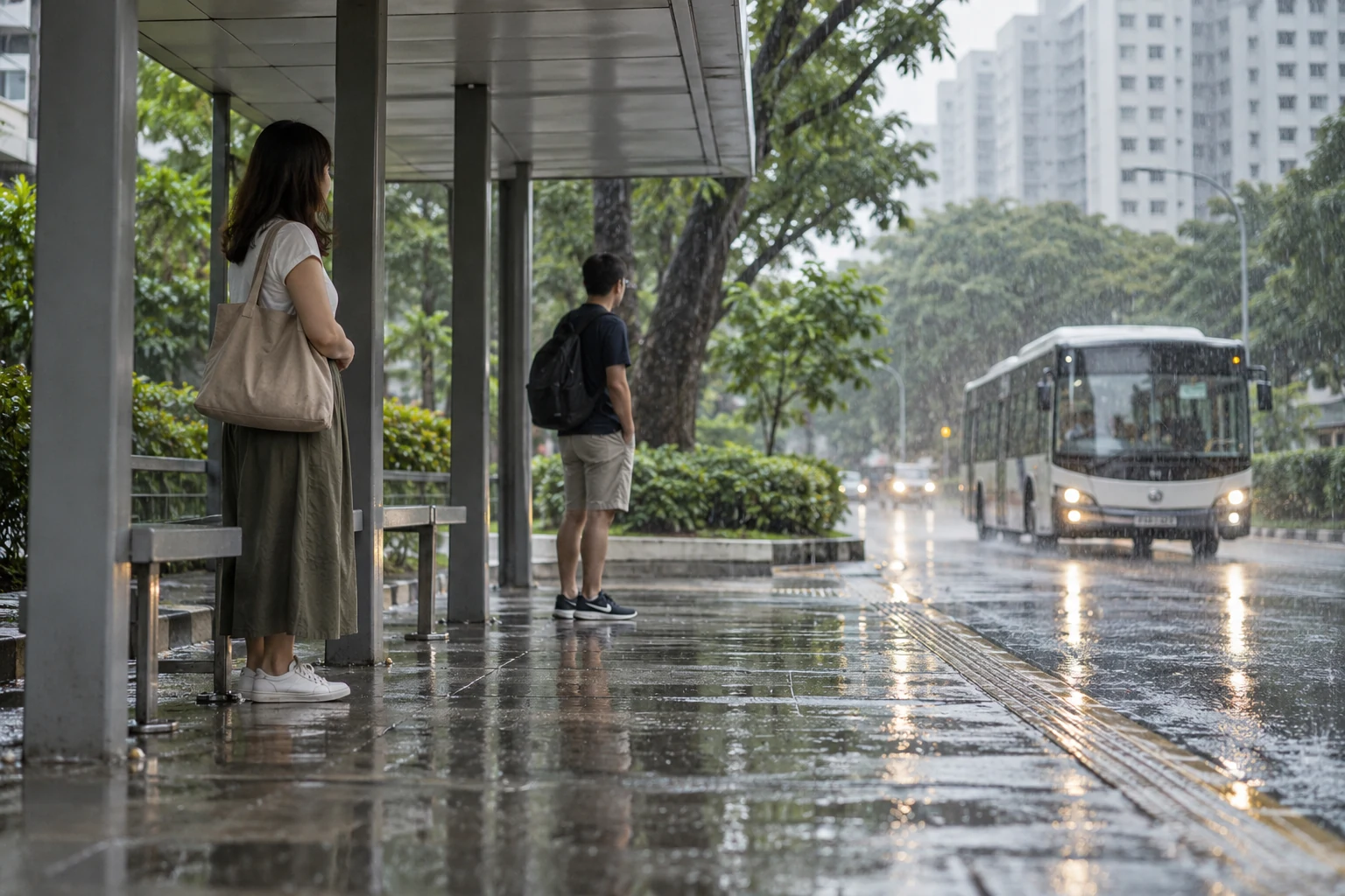 A woman and a man waiting beneath a sheltered Singapore bus stop in afternoon rain.