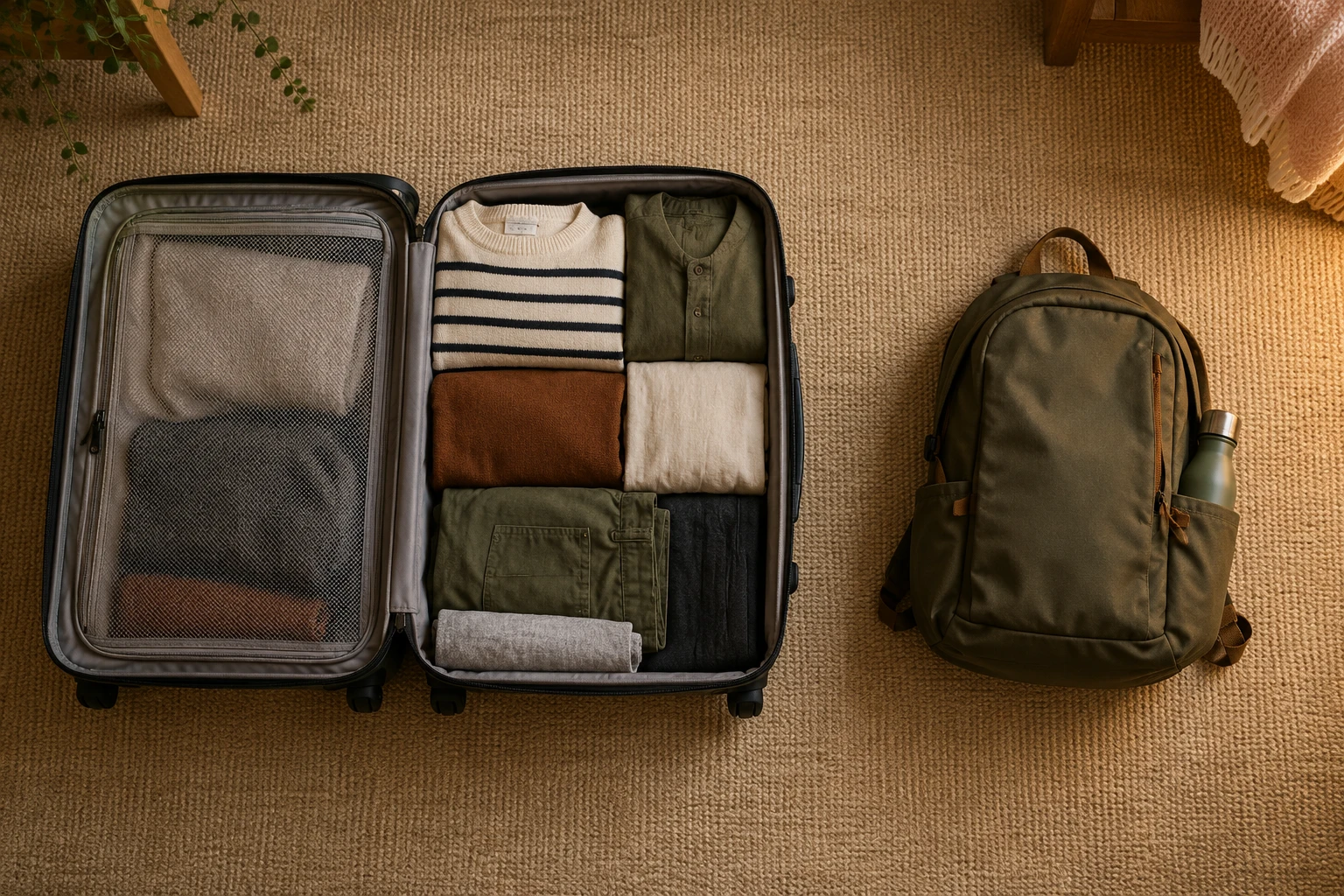 Conceptual overhead view of an open suitcase and compact day pack on a woven floor, illustrating packing for a luggage-forwarded walk.