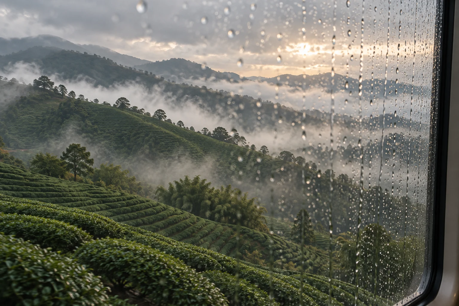 Conceptual view through a shuttle window toward misty Taiwanese tea hills.