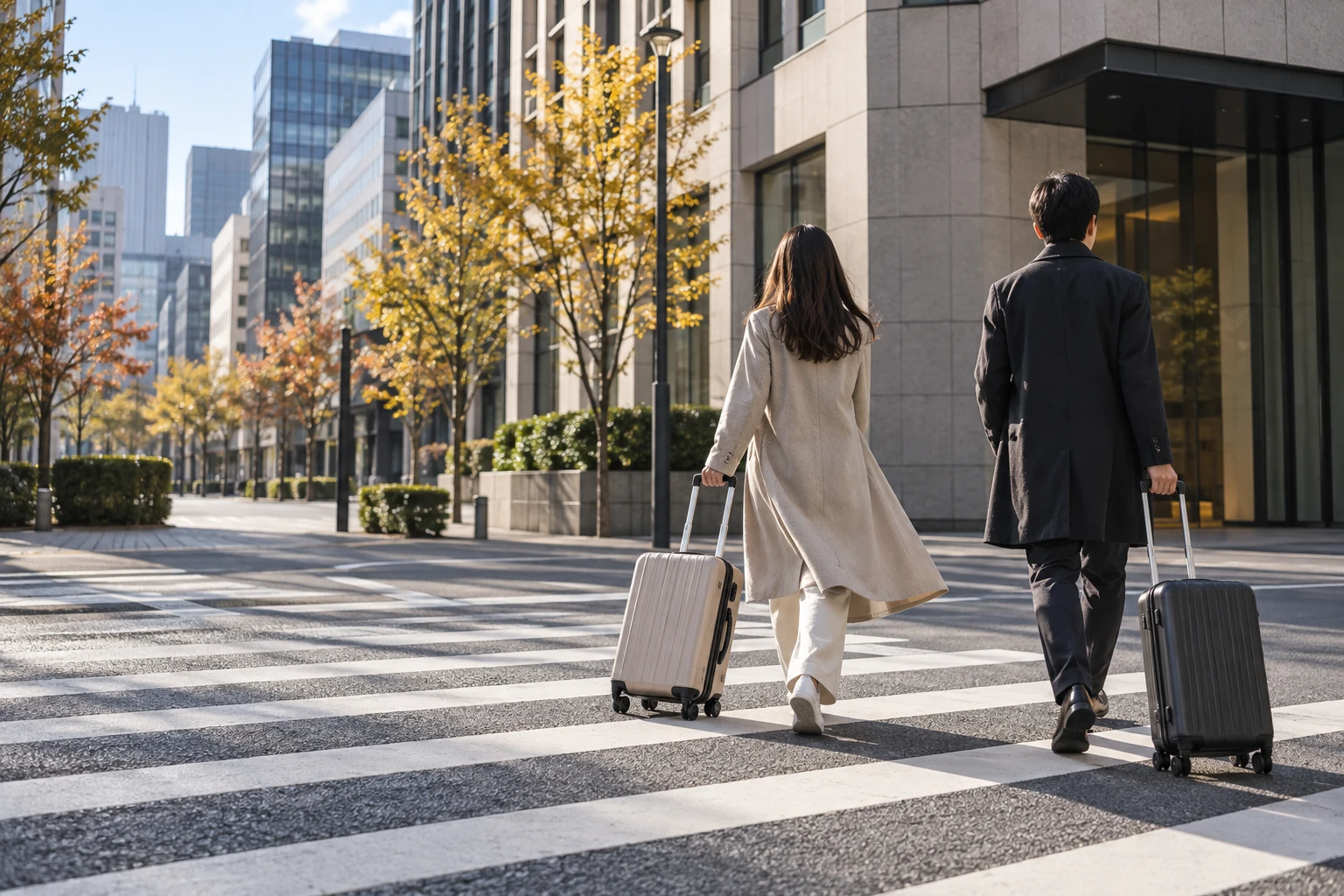 Conceptual Tokyo street scene with two travelers and wheeled luggage, illustrating the onward part of an airport journey.