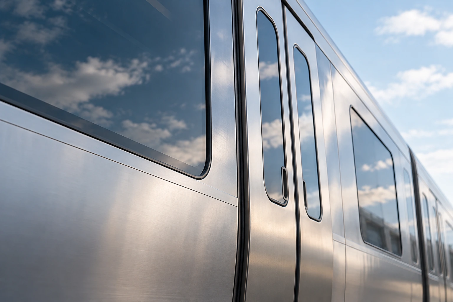 Conceptual close view of an unbranded airport train exterior in bright daylight.