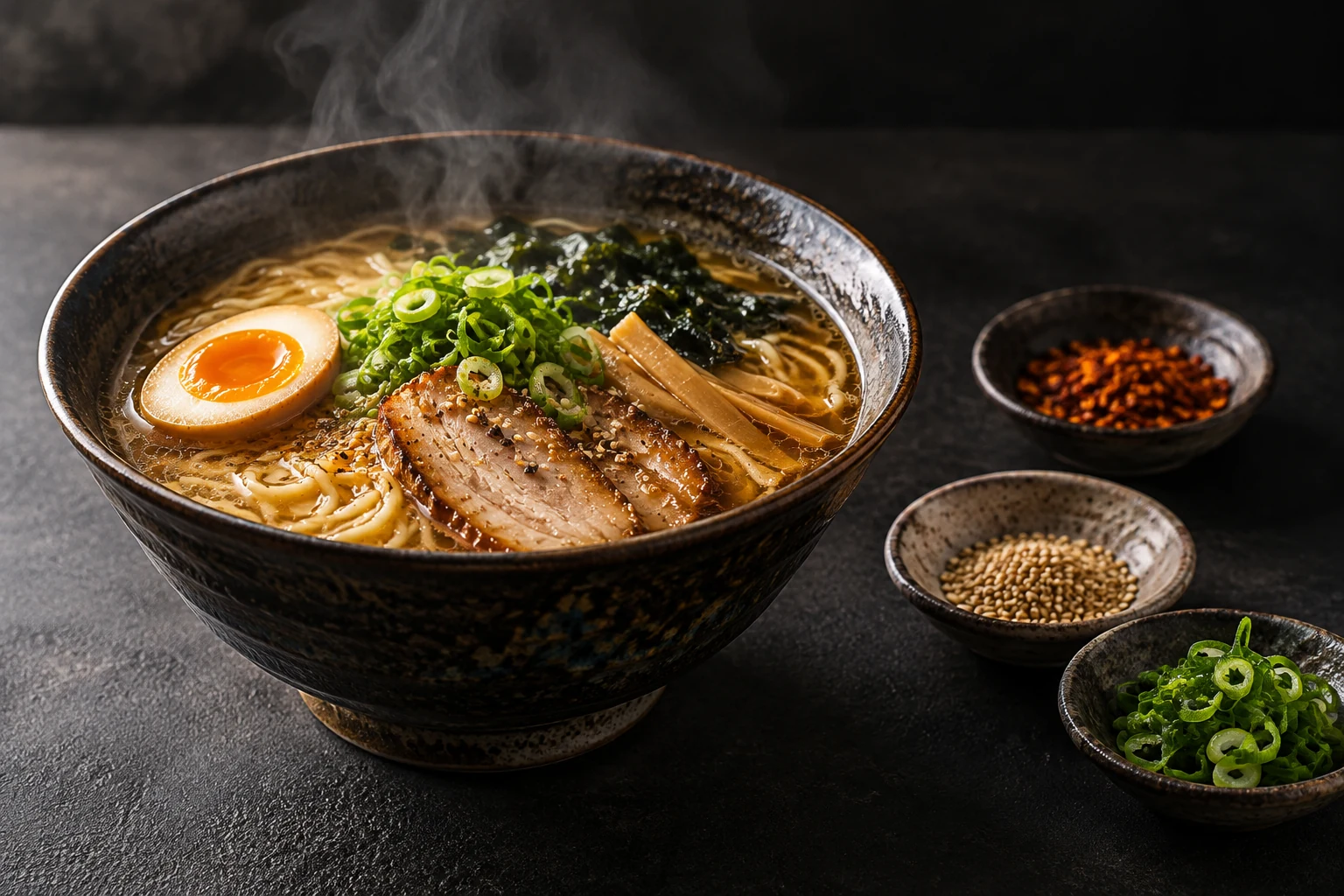 Conceptual close view of steaming ramen and seasoning dishes on a charcoal tabletop.