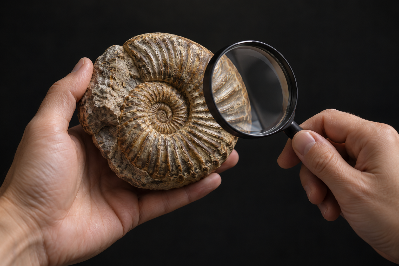 AI-generated conceptual close view of hands examining an ammonite replica with a magnifier against a dark studio background.