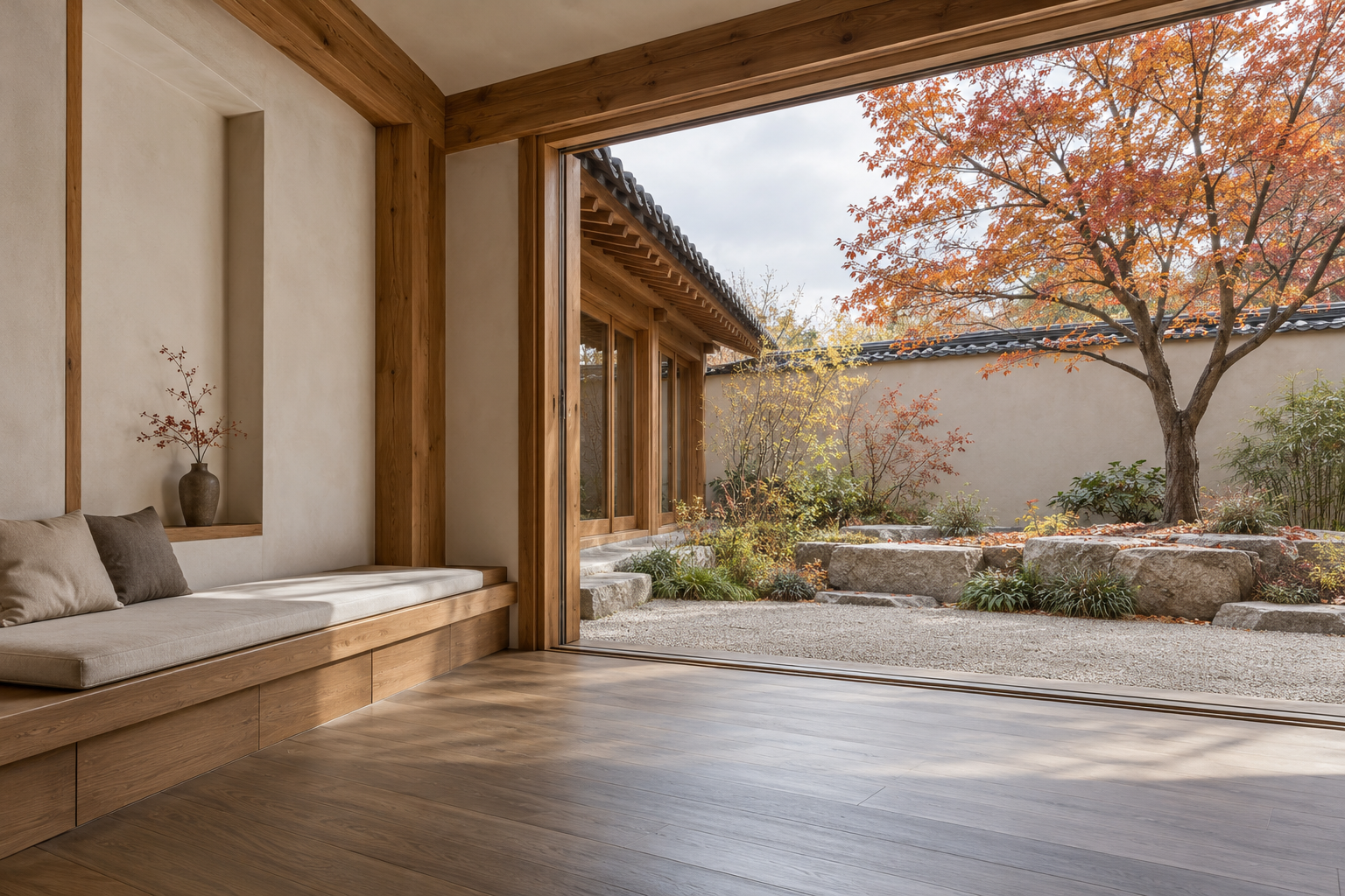 Conceptual Korean interior opening toward a courtyard, linking an indoor experience with a place beyond.
