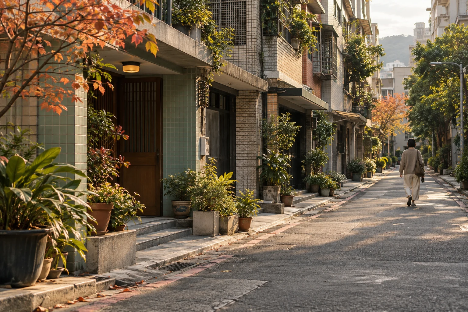 A small adult walking figure approaches a Taipei neighborhood street in soft late-afternoon light.